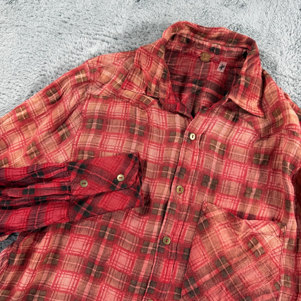 Free People FP One Shirt Women XS Red Plaid Ombre NWT Western Grunge Button Down